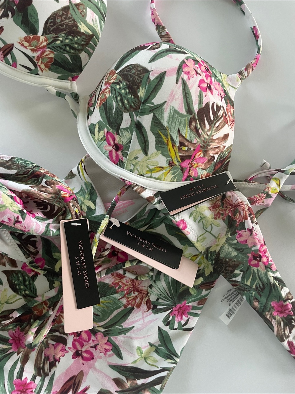 Victoria's Secret Bombshell Floral Pink Green White Bikini Set with Sarong - Picture 7 of 7